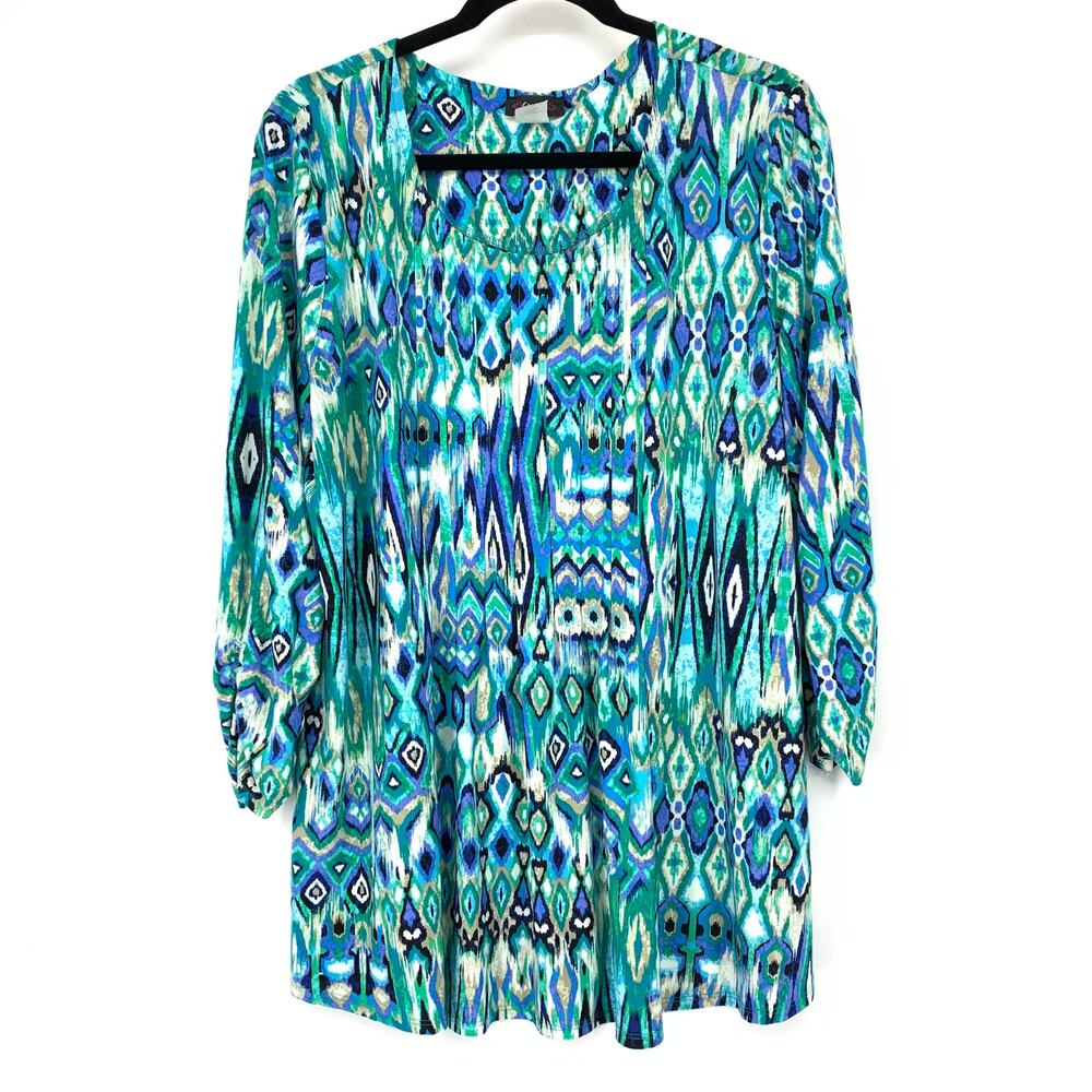 Cocomo 3/4 Sleeve Ikat Print Stretch Knit Top Womens Size Large Blue Green